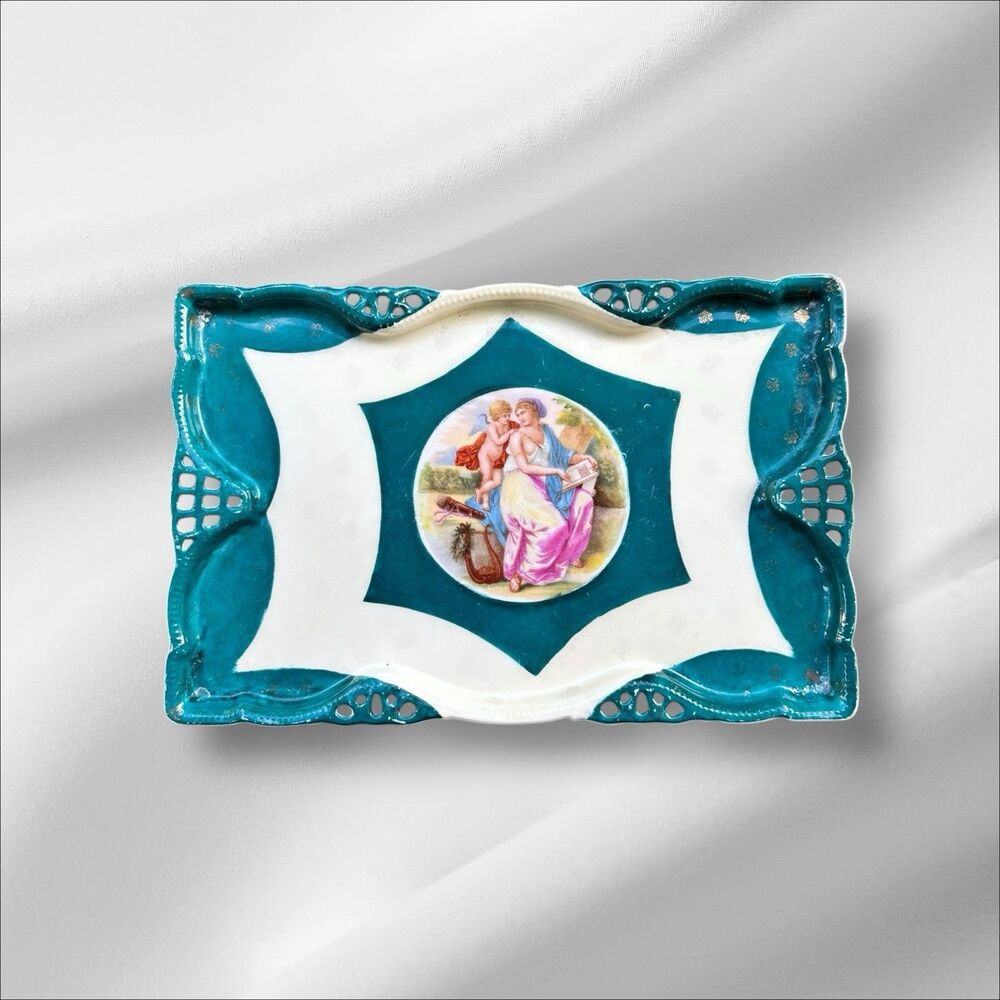 Antique Austrian Porcelain Reticulated Tray, Classical Scene Cherub, Teal